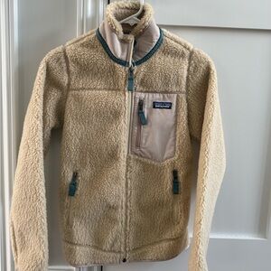 Patagonia Cream Retro Fleece Jacket with Teal Accents